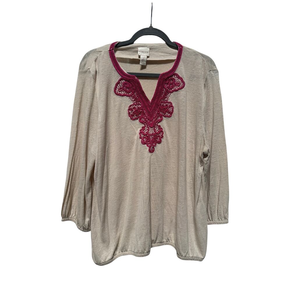 Chicos Blouse Women's 2 Linen Blend Cream Boho Embroidered